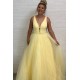 A-Line Tulle V-Neck Long Prom Dresses Formal Evening Gowns 601890