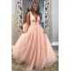 A-Line Tulle V-Neck Long Prom Dresses Formal Evening Gowns 601890
