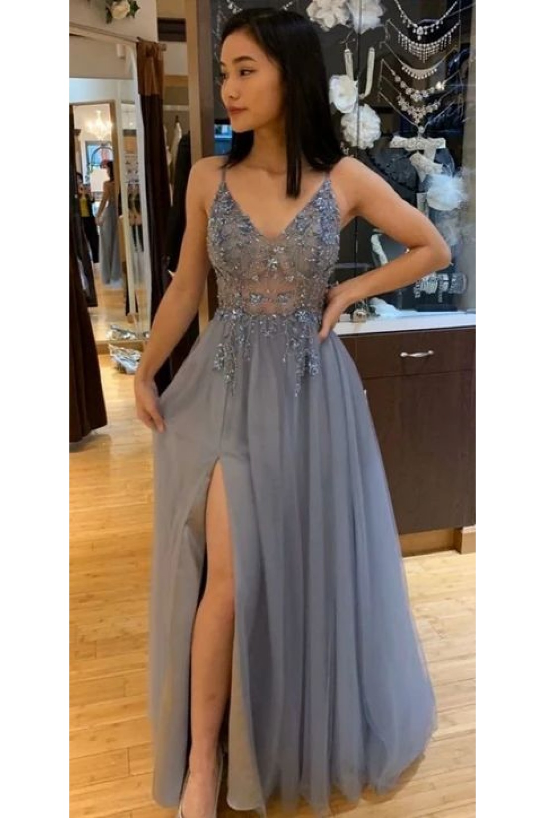 Elegant A line Jewel Sequin Prom Dresses With Beads Long Evening Dress main image 1