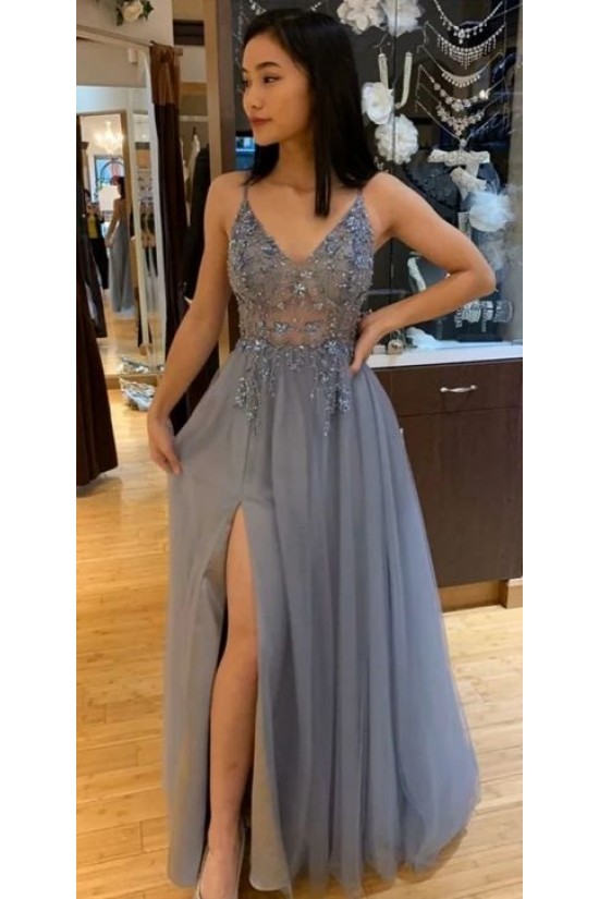 A-Line Beaded Long Prom Dresses Formal Evening Gowns 601898