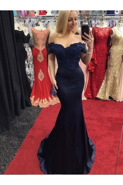 Mermaid Lace Off-the-Shoulder Long Black Prom Dresses Formal Evening Gowns 601905