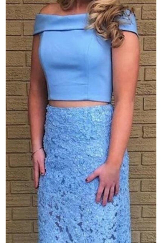 Elegant Two Pieces Off-the-Shoulder Lace Appliques Long Prom Dresses Formal Evening Gowns 601940