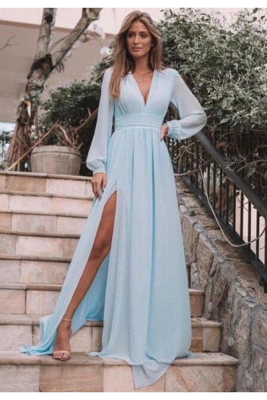 A-Line Chiffon Long Sleeves V-Neck Formal Evening Dresses Party Gowns 601966
