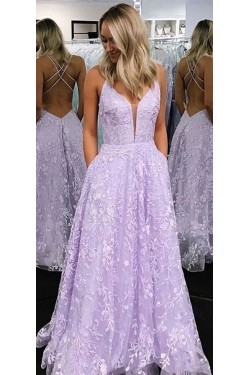A-Line Lace Long Prom Dresses Formal Evening Gowns 601968