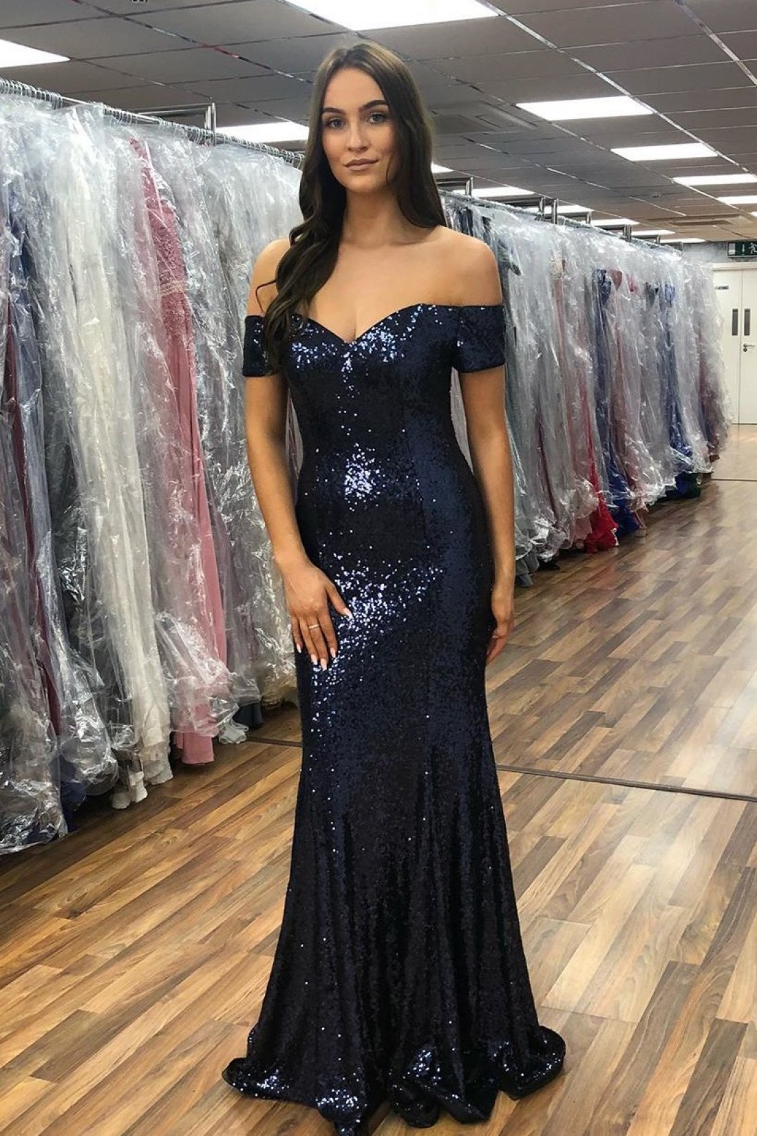 Gorgeous Navy Blue Off The Shoulder Mermaid Evening Dress Formal Prom Dress Y8388 main image 1