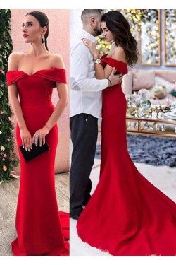Mermaid Long Red Off-the-Shoulder Prom Dresses Formal Evening Gowns 601993