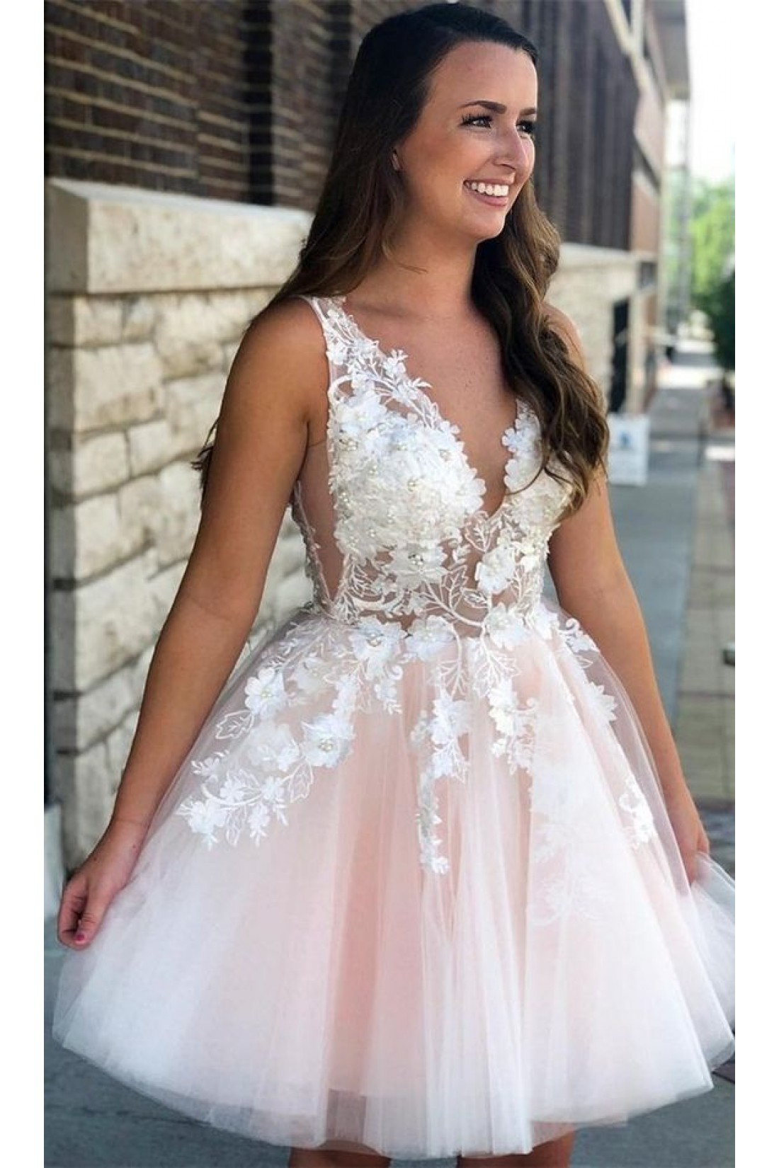 A Line Lace Short Prom Dress Birthday Party Dress Homecoming Dress main image 1
