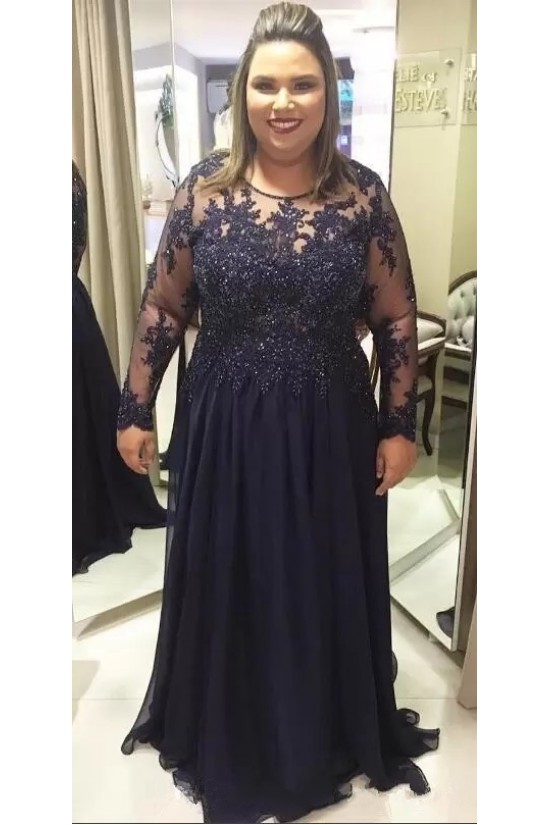 Long Navy Blue Beaded Chiffon and Lace Mother of the Bride Dresses with Sleeves 702104