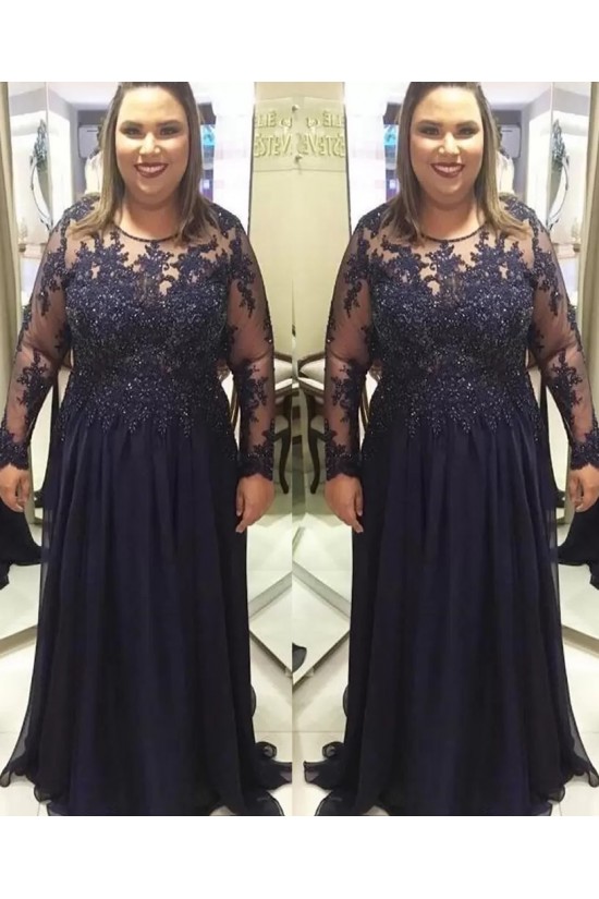 Long Navy Blue Beaded Chiffon and Lace Mother of the Bride Dresses with Sleeves 702104