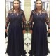 Long Navy Blue Beaded Chiffon and Lace Mother of the Bride Dresses with Sleeves 702104