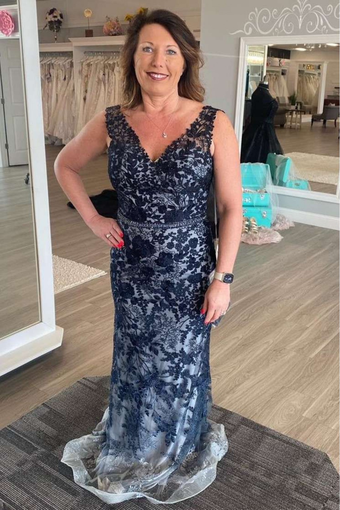 V-Neck Short Sleeves Beading Navy Blue Mother Of The Bride Dress main image 1