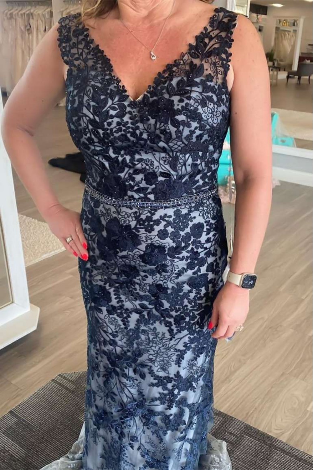 Sheer Neck Navy Blue A-Line Mother Of The Bride Dress