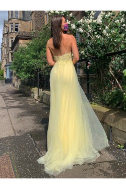 Long Yellow Lace and Tulle Prom Dress Formal Evening Gowns with Beads 901001