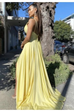 A-Line V Neck Long Yellow Prom Dresses Formal Evening Gowns with Slit 901003