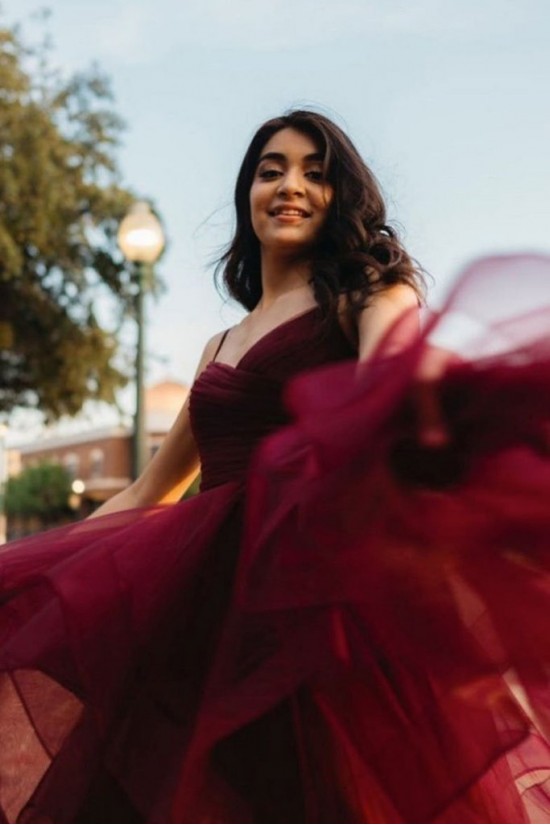 Burgundy Tulle Prom Dress Formal Evening Gowns 901013