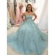 Long Strapless Tulle Prom Dresses Formal Evening Gowns with Lace Appliques 901022