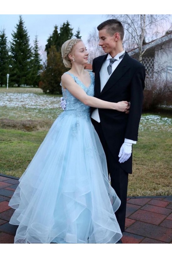 Long Blue Lace and Tulle Prom Dresses Formal Evening Gowns 901032 Long Blue Lace and Tulle Prom Dresses Formal Evening Gowns 901032