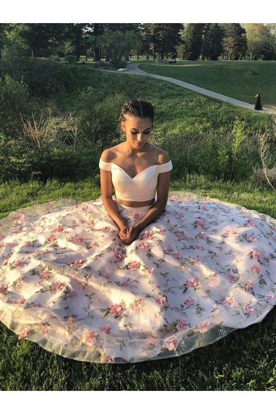 Long Pink Two Pieces Embroidered Prom Dresses Formal Evening Gowns 901051