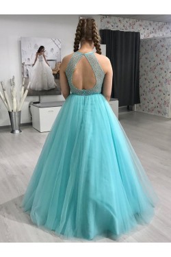 A-Line Long Blue Beaded Prom Dresses Formal Evening Gowns 901103