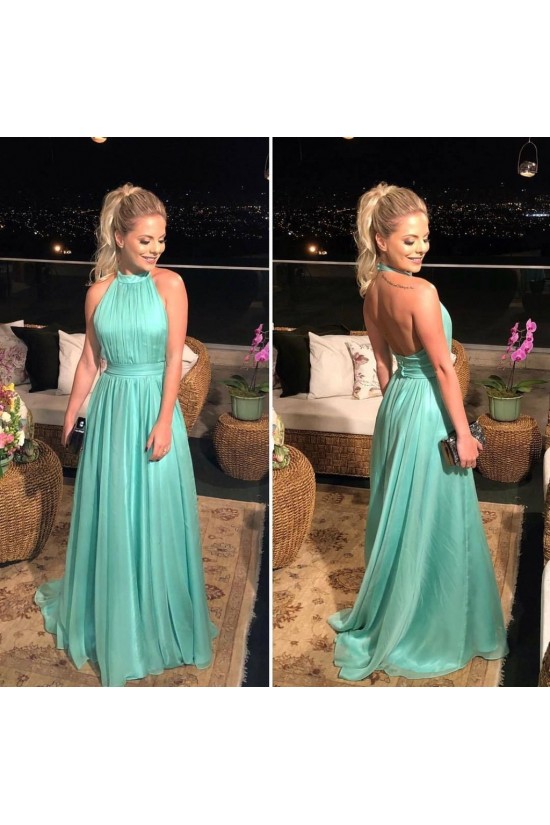 Simple Long Halter Prom Dresses Formal Evening Gowns 901104