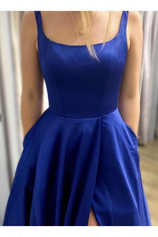 Long Blue Satin Prom Dresses Formal Evening Gowns 901108