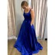 Long Blue Satin Prom Dresses Formal Evening Gowns 901108