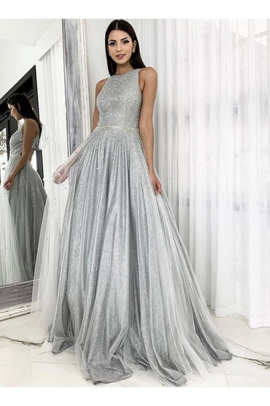 A-Line Sparkle Tulle Long Prom Dresses Formal Evening Gowns 901112