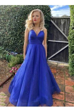 A-Line Long Blue Prom Dresses Formal Evening Gowns 901119