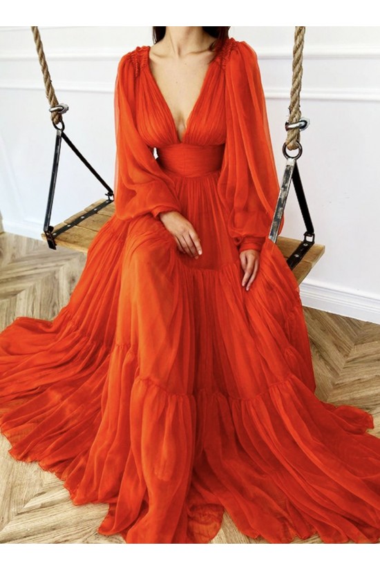 A-Line Long Sleeves V Neck Long Prom Dresses Formal Evening Gowns 901122 A-Line Long Sleeves V Neck Long Prom Dresses Formal Evening Gowns 901122
