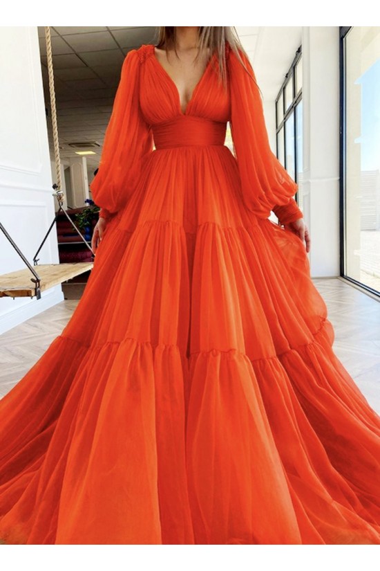 A-Line Long Sleeves V Neck Long Prom Dresses Formal Evening Gowns 901122 A-Line Long Sleeves V Neck Long Prom Dresses Formal Evening Gowns 901122