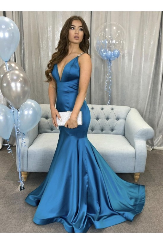 Mermaid Long Blue V Neck Prom Dresses Formal Evening Gowns 901123