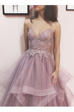 A-Line Beaded Lace and Tulle Long Prom Dresses Formal Evening Gowns 901132