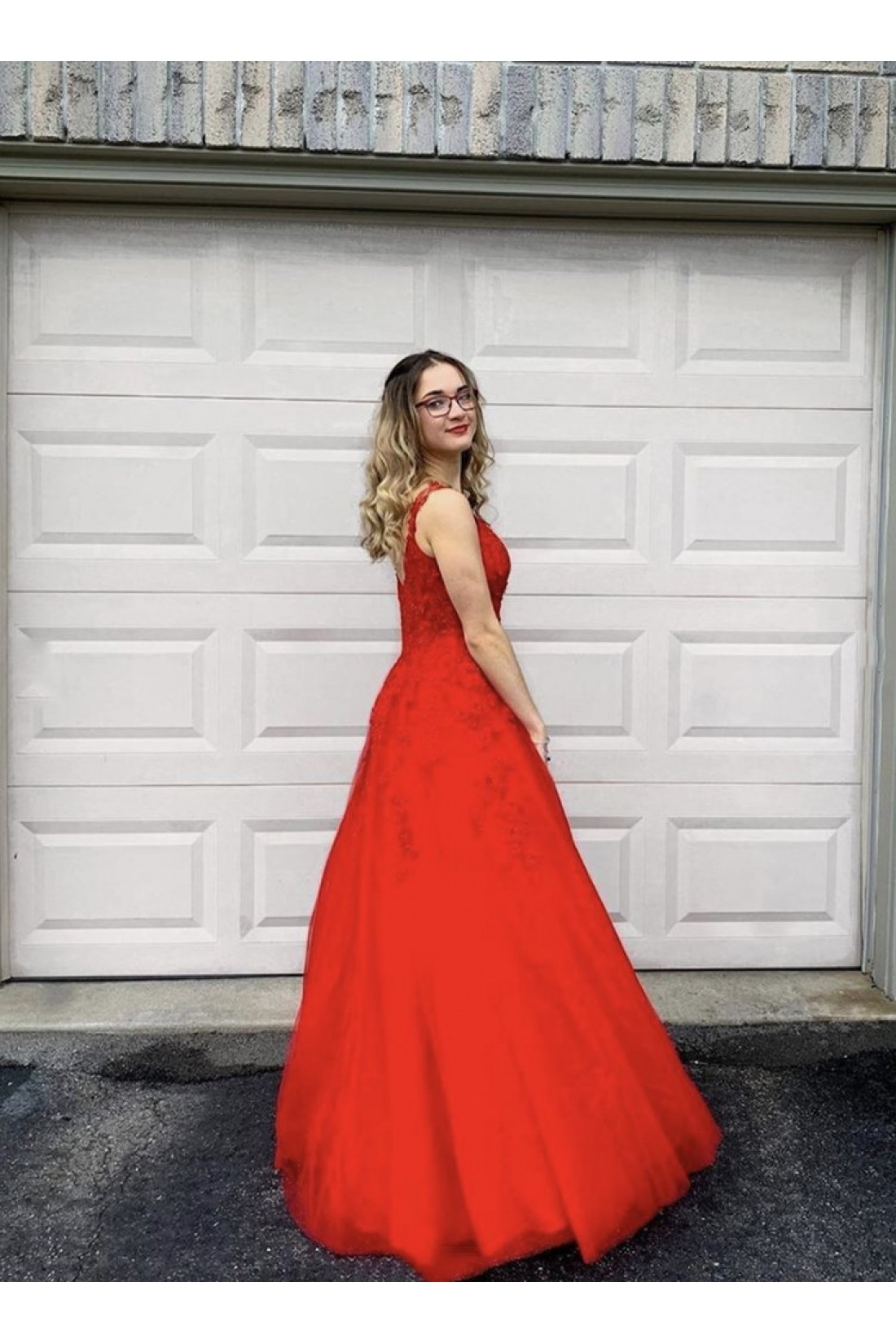 A Line Red Lace Tea Length Prom Dresses with Pocket, Red Lace Formal Evening Dresses  C897 main image 0