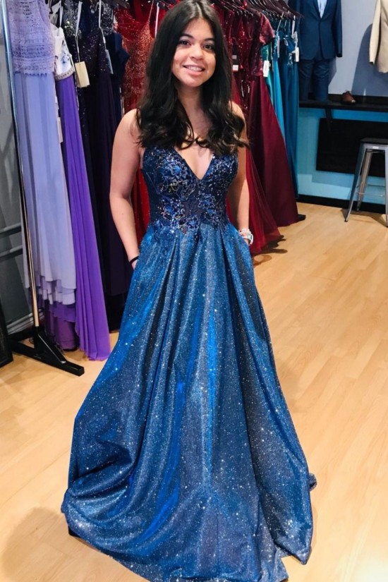 A-Line Long Blue Lace Sparkle Prom Dress Formal Evening Gowns 901157 A-Line Long Blue Lace Sparkle Prom Dress Formal Evening Gowns 901157