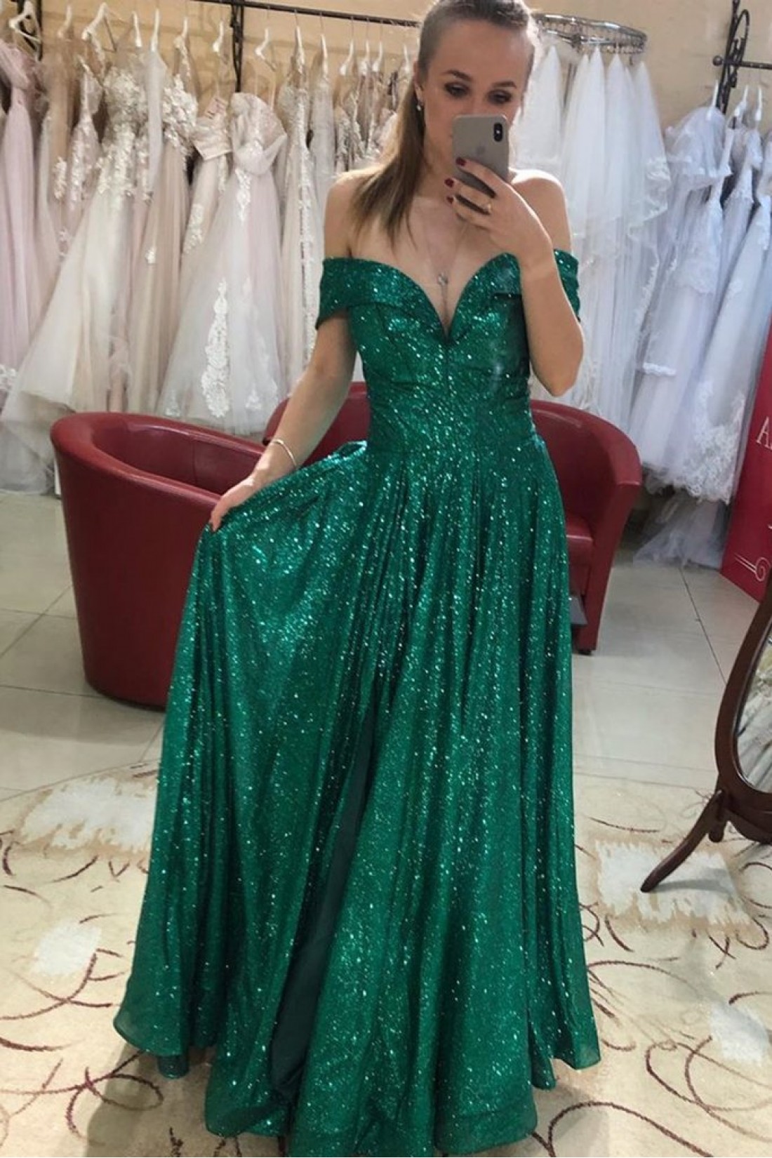 Green sequin prom dress Long Party Dress