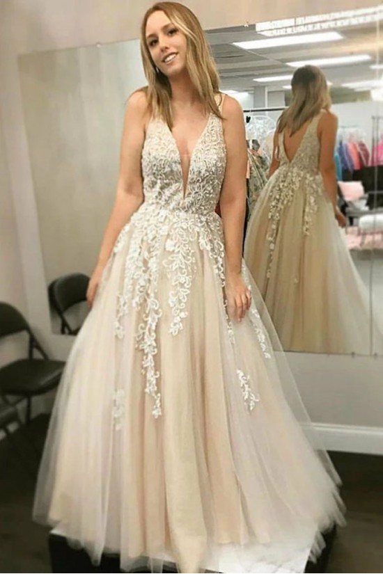 A-Line Lace and Tulle V Neck Prom Dress Formal Evening Gowns 901223 A-Line Lace and Tulle V Neck Prom Dress Formal Evening Gowns 901223