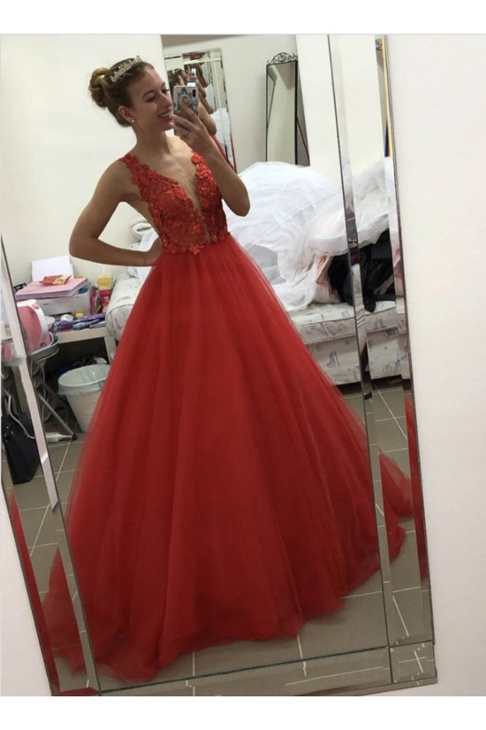 Long Red Lace and Tulle Prom Dress Formal Evening Gowns 901226 Long Red Lace and Tulle Prom Dress Formal Evening Gowns 901226