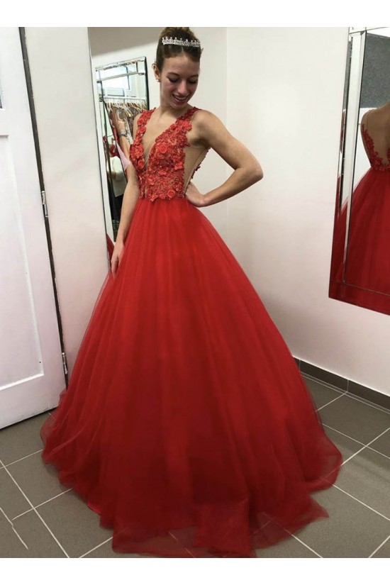 Long Red Lace and Tulle Prom Dress Formal Evening Gowns 901226 Long Red Lace and Tulle Prom Dress Formal Evening Gowns 901226