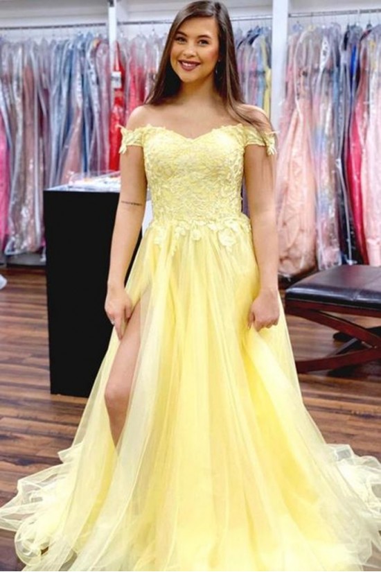 Long Yellow Lace Off the Shoulder Prom Dress Formal Evening Gowns 901229