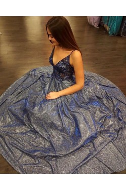 A-Line Long Blue Lace Sparkle Prom Dress Formal Evening Gowns 901231