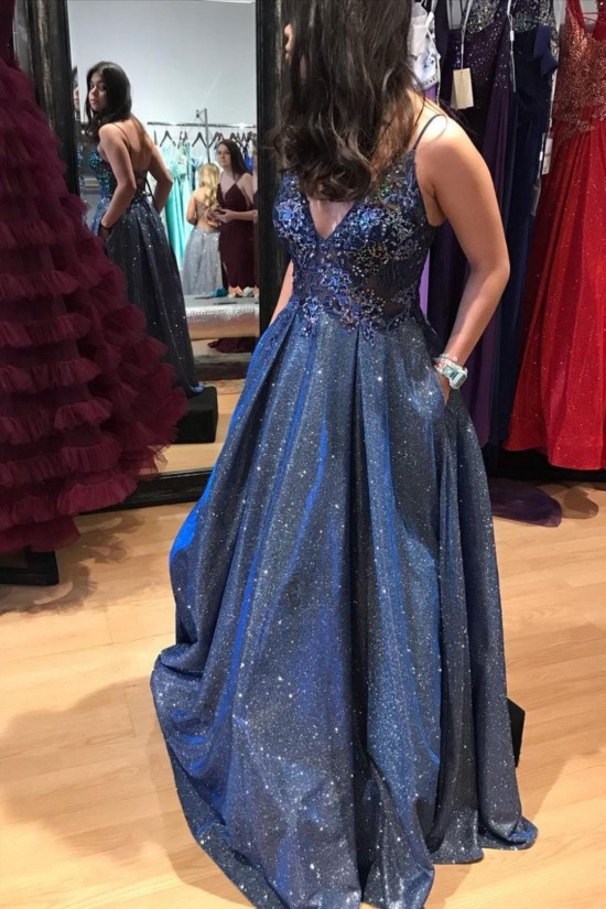 A-Line Long Blue Lace Sparkle Prom Dress Formal Evening Gowns 901231 A-Line Long Blue Lace Sparkle Prom Dress Formal Evening Gowns 901231