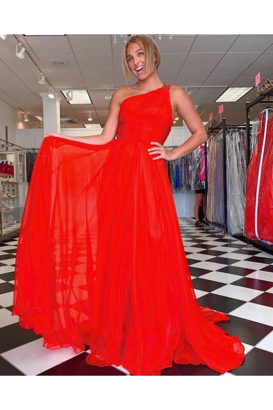 A-Line Long Red One Shoulder Prom Dress Formal Evening Gowns 901232