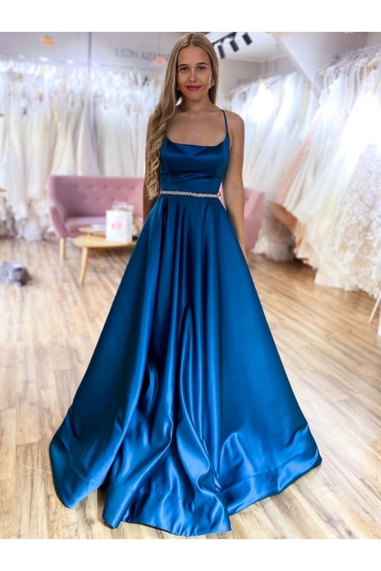 Long Blue Spaghetti Straps Satin Prom Dress Formal Evening Gowns 901254 Long Blue Spaghetti Straps Satin Prom Dress Formal Evening Gowns 901254