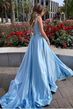 Long Blue Satin Prom Dress Formal Evening Gowns 901265