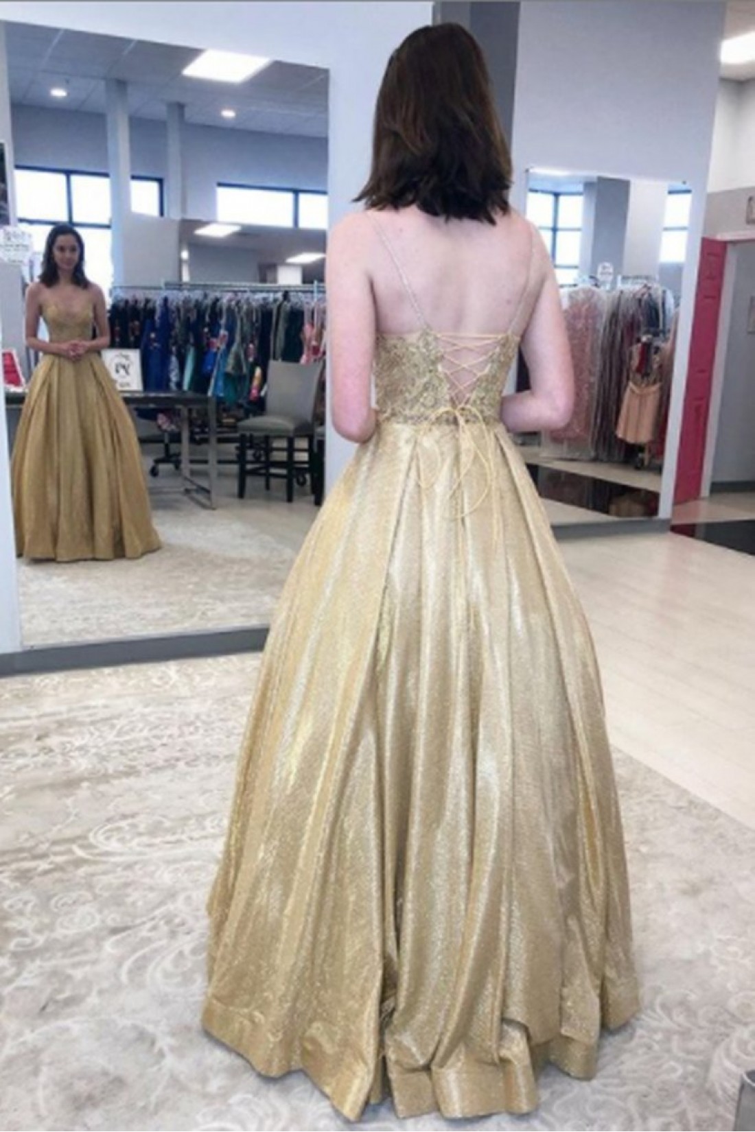 Charming Gold One Shoulder Floor Length Satin Lace Prom Dress with Appliques