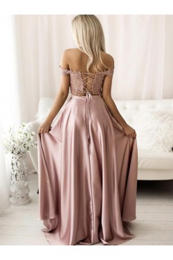 A-Line Off the Shoulder Two Pieces Lace Long Prom Dress Formal Evening Gowns 901274