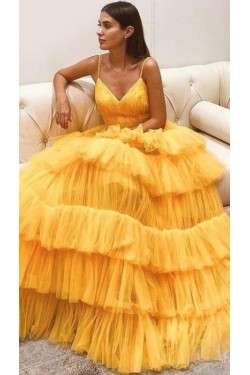 Long Yellow Spaghetti Straps Long Prom Dress Formal Evening Gowns 901290