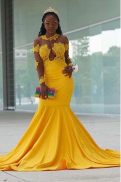 Long Yellow Mermaid Lace Prom Dress Formal Evening Gowns 901301