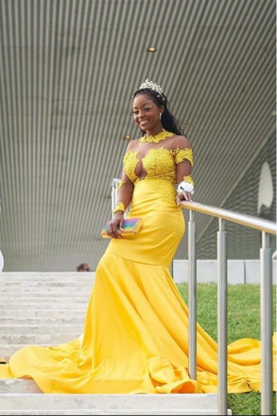 Long Yellow Mermaid Lace Prom Dress Formal Evening Gowns 901301 Long Yellow Mermaid Lace Prom Dress Formal Evening Gowns 901301
