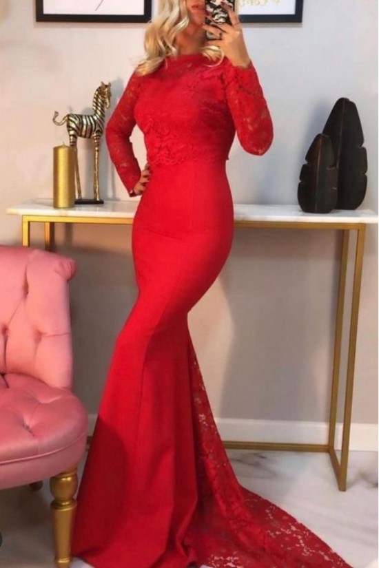Long Red Mermaid Lace Long Sleeves Prom Dress Formal Evening Gowns 901304 Long Red Mermaid Lace Long Sleeves Prom Dress Formal Evening Gowns 901304